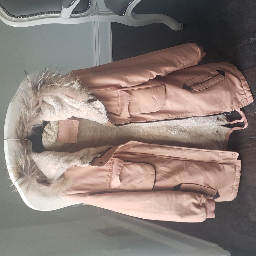 Pink winter coat , faux fur lined